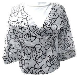 Alex Evenings White Taffeta Portrait Collar 3D Pewter Floral Overlay Blouse M